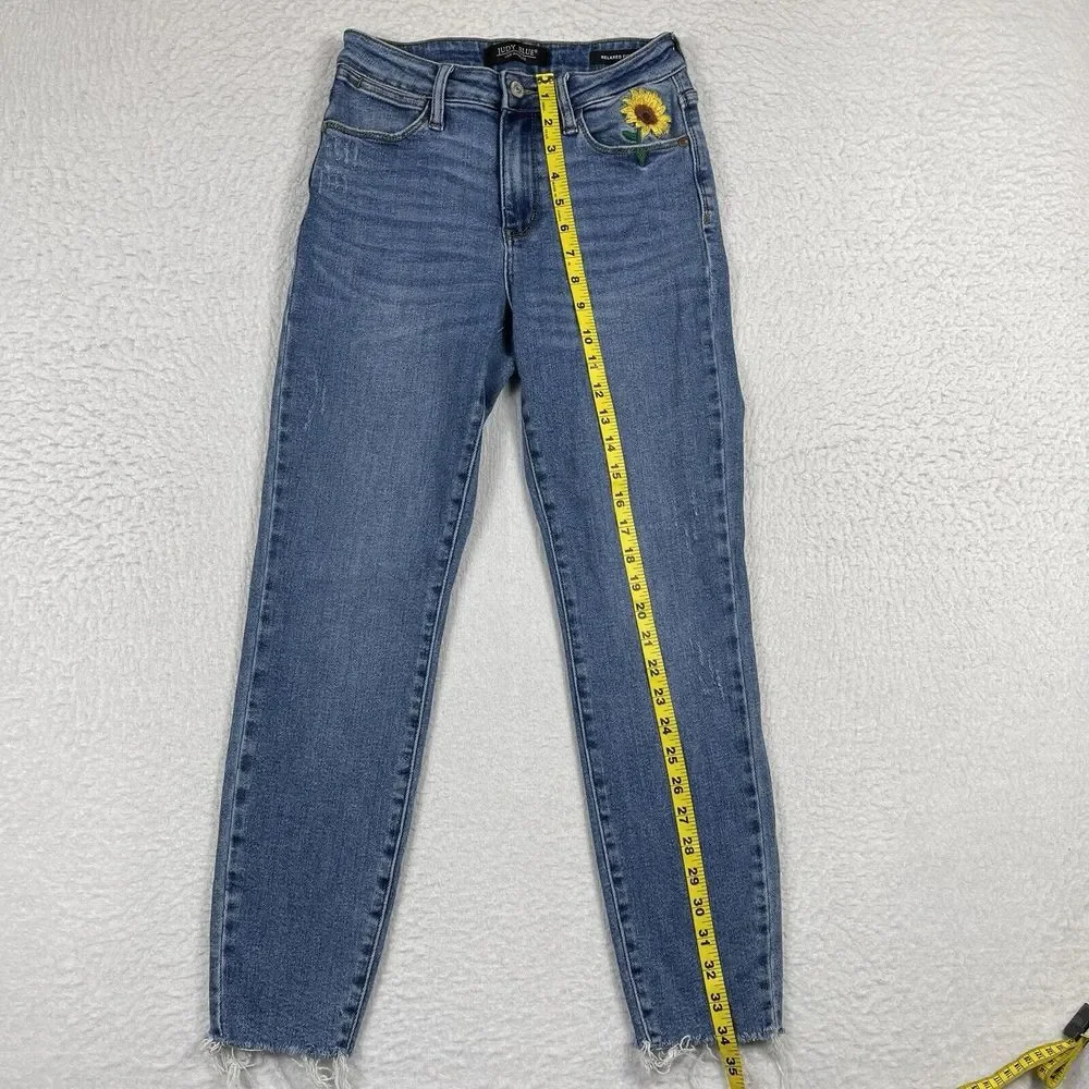 Judy Blue Jeans Womens 1/25 Blue‎ Denim Sunflower Embroidered Flower Hippie Boho